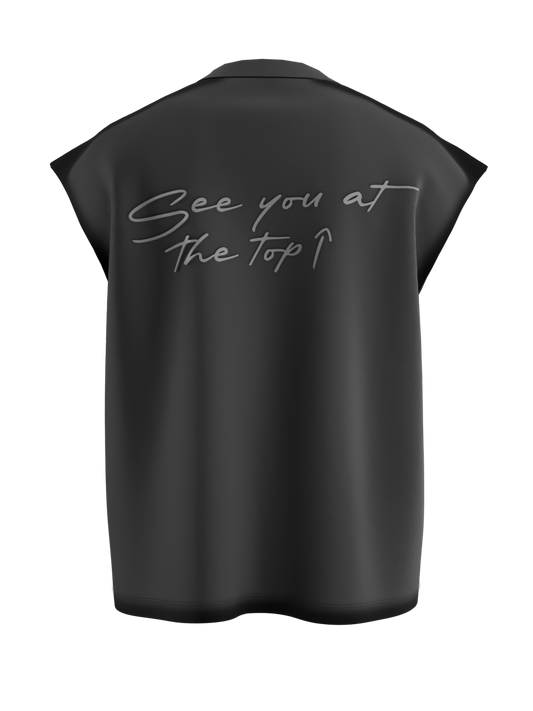 spankers dark grey sleeveless top with text on the back against a white background