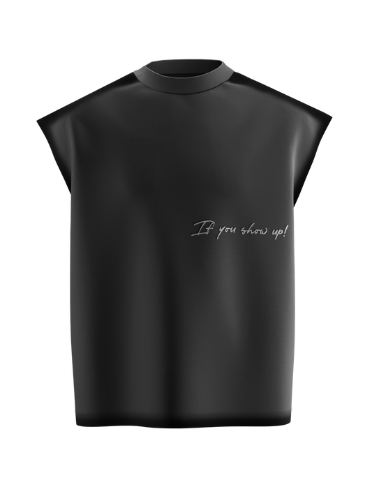 spankers dark grey Black sleeveless top with text on a white background