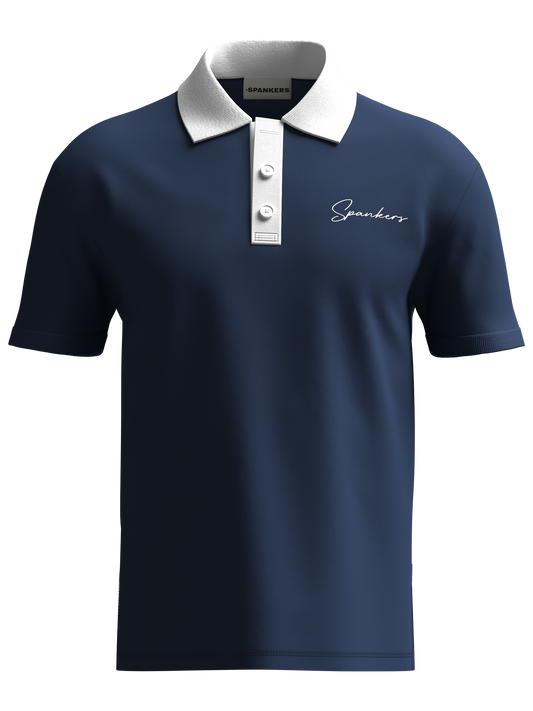spankers embroiedery Navy blue polo shirt with white collar and buttons on a white background