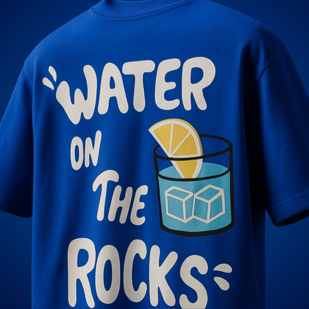 spankers blue t-shirt Blue t-shirt with 'Water on the Rocks' graphic and text on a blue background