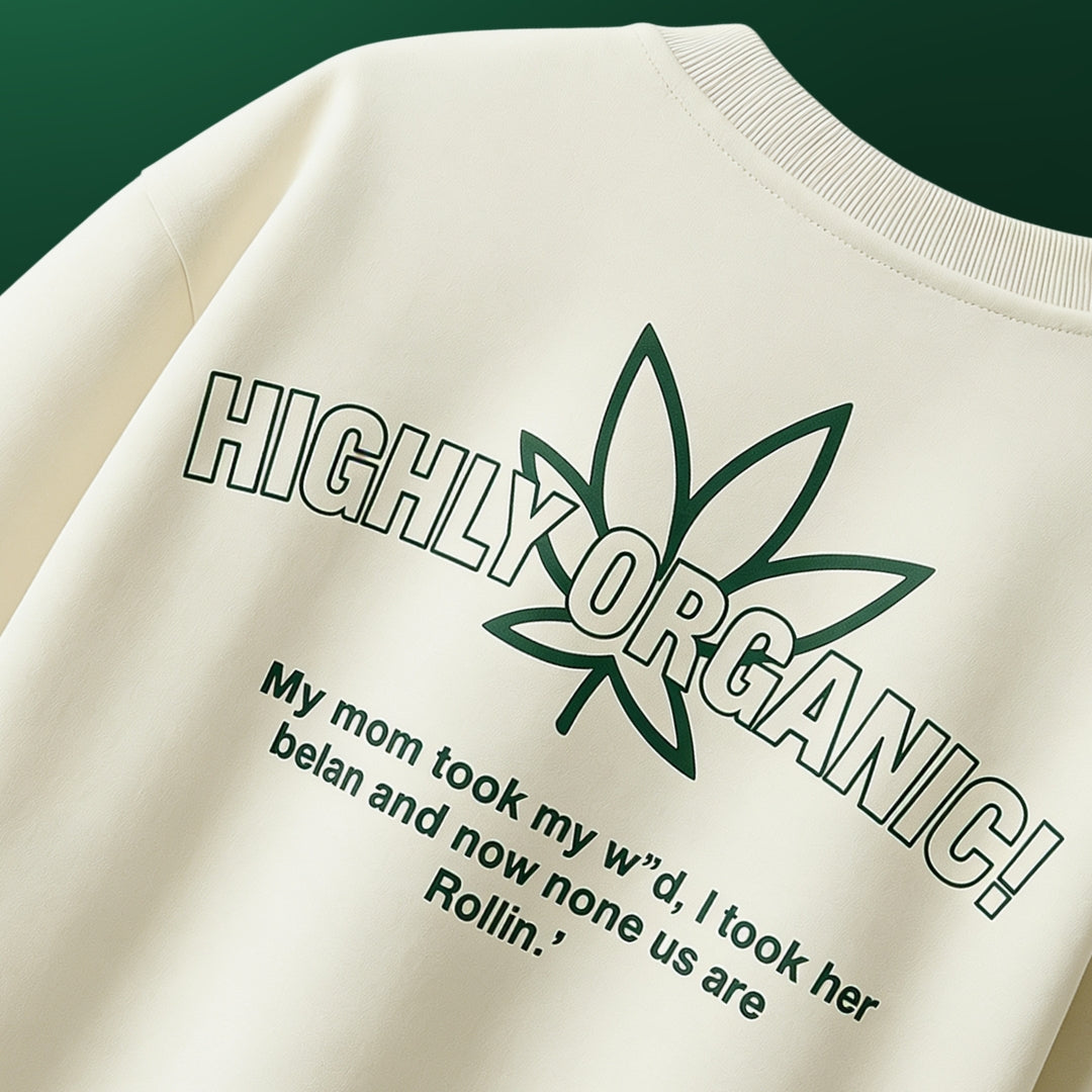 spankers weed tshirt Beige sweatshirt with a green leaf graphic and text on a beige background