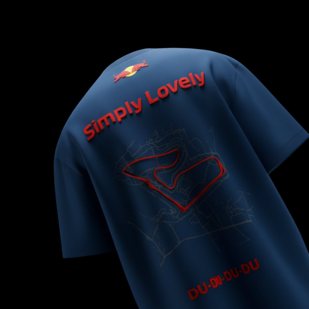 spankers formula 1 f1 tshirt Blue shirt with red text and graphics on a black background , simply lovely max verstappen , tu tu du du