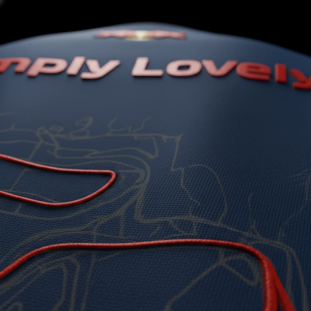 spankers formula 1 f1 tshirt Close-up of a product with 'Simply Lovely' text and racing lap  on a dark background