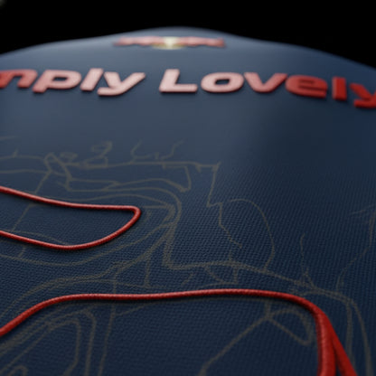 spankers formula 1 f1 tshirt Close-up of a product with 'Simply Lovely' text and racing lap  on a dark background