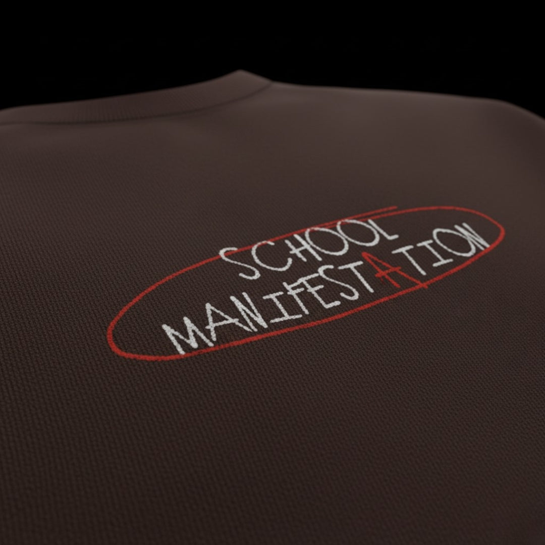 spankers brown Dark shirt with 'SCHOOL MANIFESTATION' text embroidered on a black background