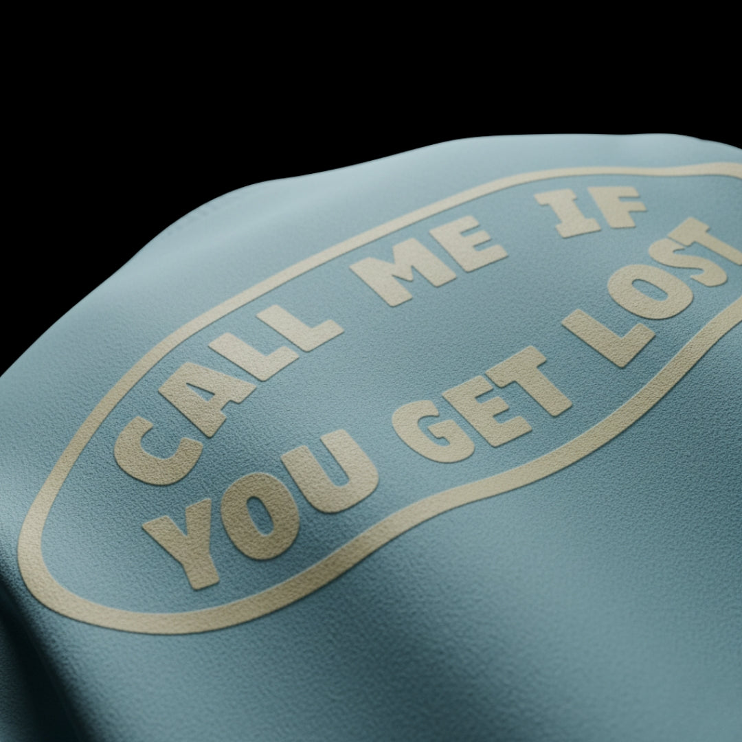 spankers sky blue puff print with 'Call me if you get lost' text on a black background