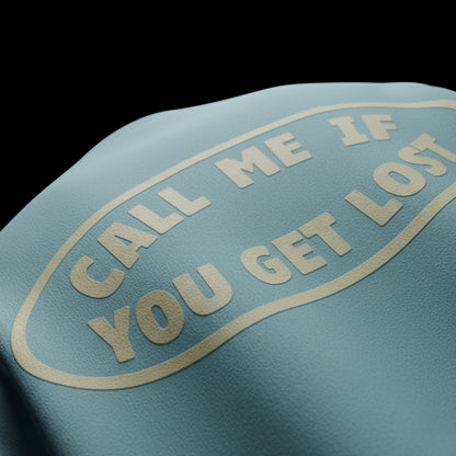 spankers sky blue puff print with 'Call me if you get lost' text on a black background