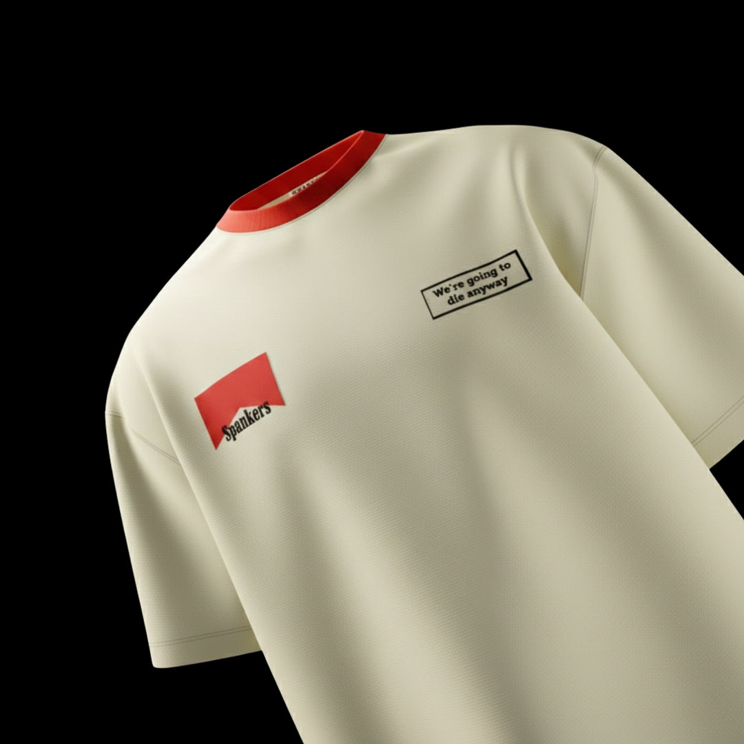 Beige t-shirt with red accents and text on a black background  ( no smoking tshirt , no smoking , no smoking without me , spankers , spankers india , oversized tshirt , fashion , best streetwear brand in india , best oversized tshirt , well known brand , crazy tshirt )