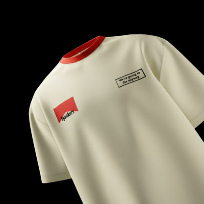 Beige t-shirt with red accents and text on a black background  ( no smoking tshirt , no smoking , no smoking without me , spankers , spankers india , oversized tshirt , fashion , best streetwear brand in india , best oversized tshirt , well known brand , crazy tshirt )
