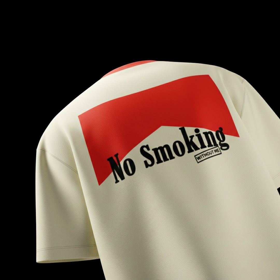 White t-shirt with red and black 'No Smoking' graphic on a black background ( no smoking tshirt , no smoking , no smoking without me , spankers , spankers india , oversized tshirt , fashion , best streetwear brand in india , best oversized tshirt , well known brand , crazy tshirt )
