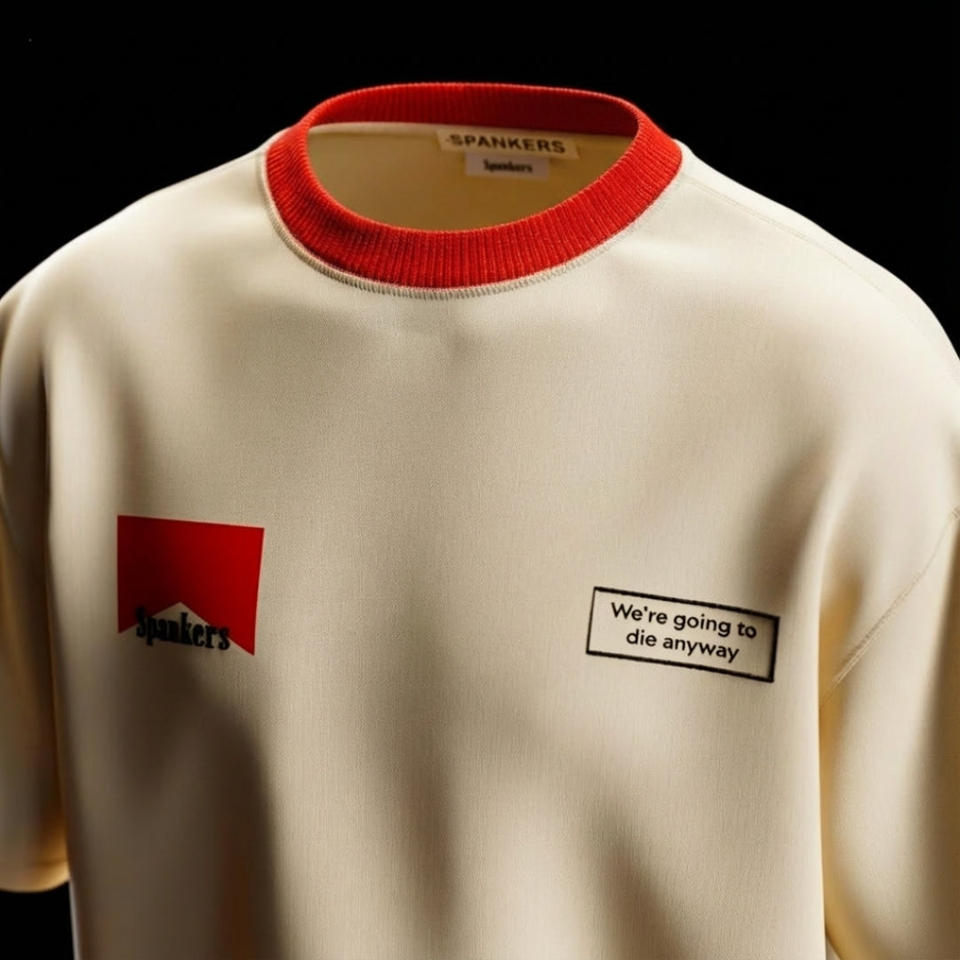 off white tshirt with red collar and text  on a black background  ( no smoking tshirt , no smoking , no smoking without me , spankers , spankers india , oversized tshirt , fashion , best streetwear brand in india , best oversized tshirt , well known brand , crazy tshirt )