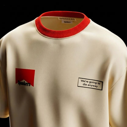 off white tshirt with red collar and text  on a black background  ( no smoking tshirt , no smoking , no smoking without me , spankers , spankers india , oversized tshirt , fashion , best streetwear brand in india , best oversized tshirt , well known brand , crazy tshirt )