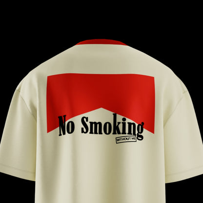 Beige t-shirt with a red and white graphic and 'No Smoking' text on a black background  ( no smoking tshirt , no smoking , no smoking without me , spankers , spankers india , oversized tshirt , fashion , best streetwear brand in india , best oversized tshirt , well known brand , crazy tshirt )