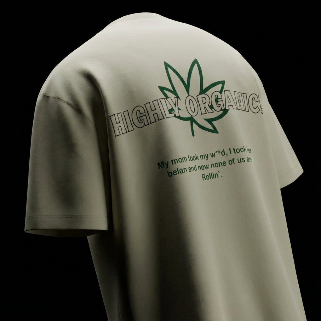 spankers weed tshirt Beige t-shirt with cannabis leaf graphic and text on a black background