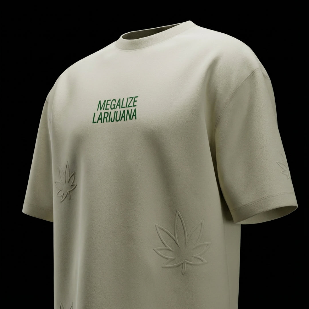 spankers weed tshirt Beige t-shirt with green text and leaf designs on a black background
