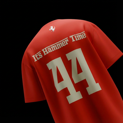 spankers formula 1 f1 lewis hamilton Red t-shirt with 'It's Hammer Time' and 'AA' printed on it against a black background