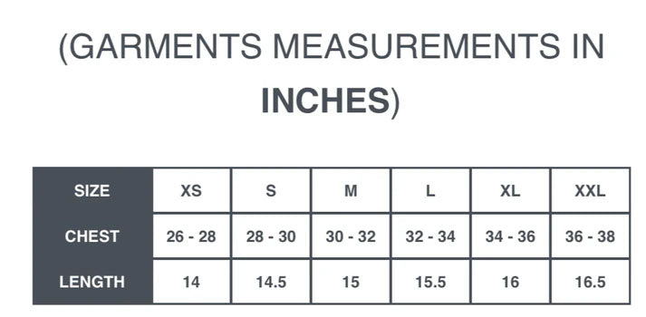 spankers crop top Garment measurements chart in inches for various sizes.