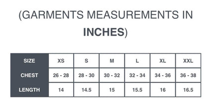 spankers crop top Garment measurements chart in inches for various sizes.
