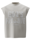 spankers A sleeveless white tank top with the text 'GOD'S FAVORITE' printed in large, grey letters across the front.
