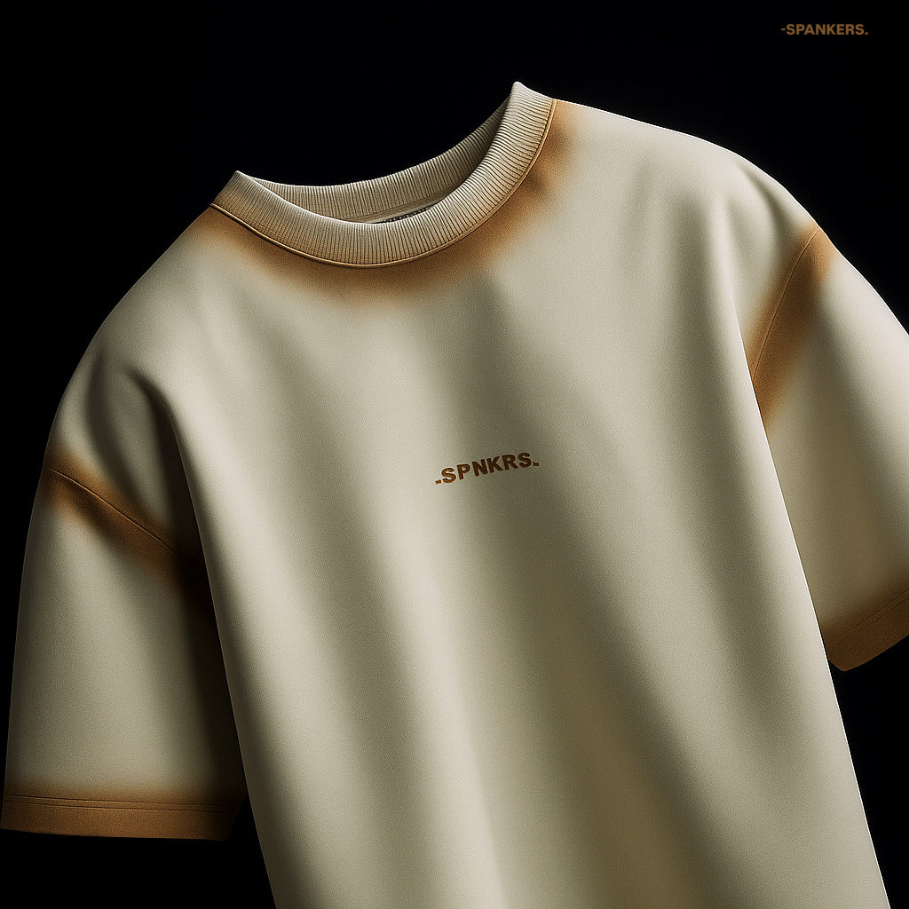 spankers spray Beige tshirt with 'SPNKRS' logo on a black background