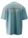 spankers sky blue Back view of a light blue t-shirt with the text 'CALL ME IF YOU GET LOST' printed on the upper back.