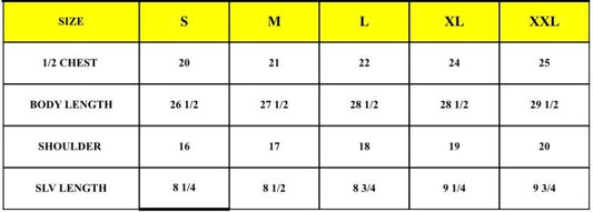 spankers polo Measurement chart for clothing sizes S to XXL with measurements in inches.