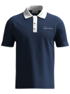 spankers embroiedery Navy blue polo shirt with white collar and buttons on a white background