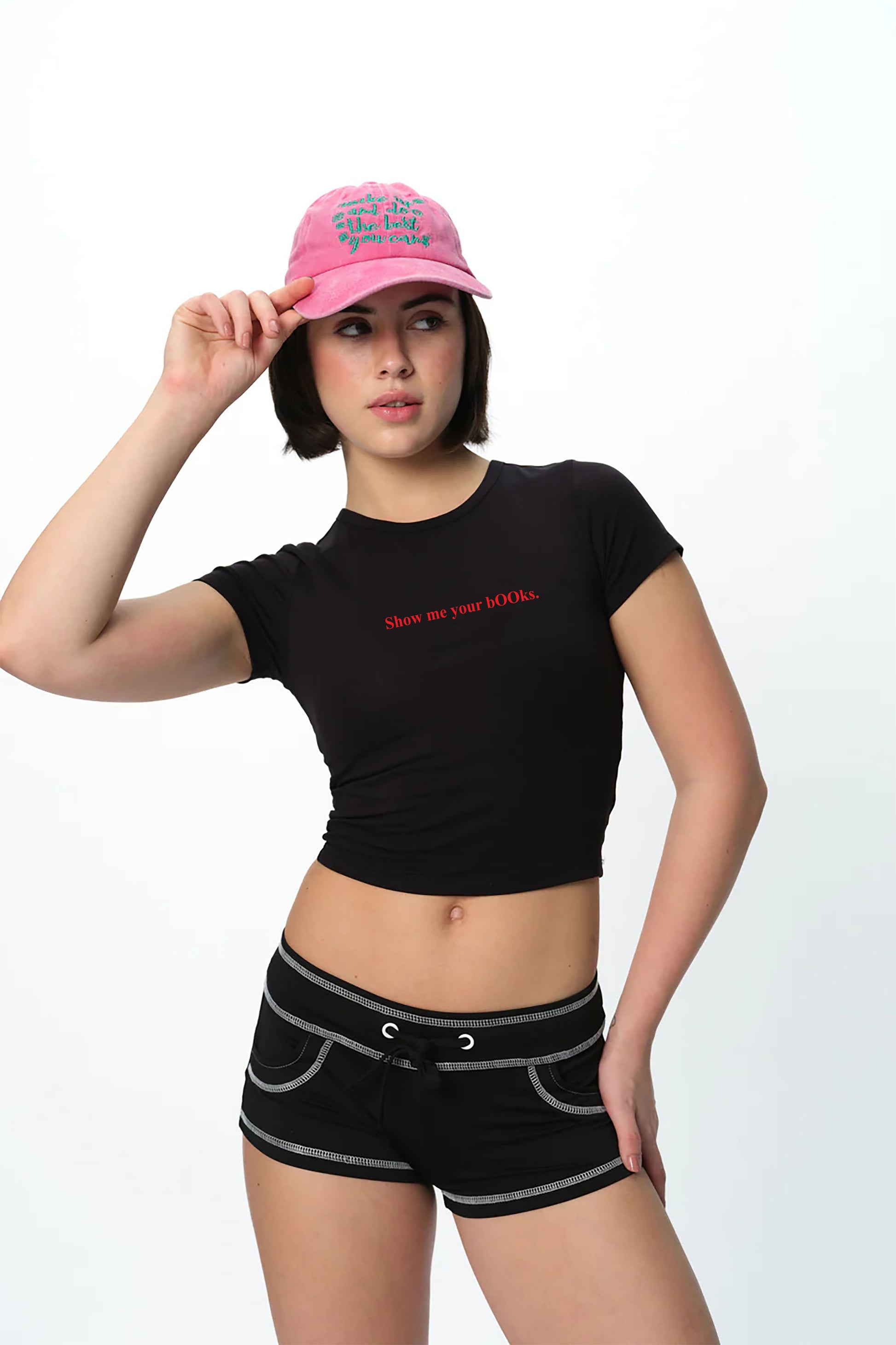 spankers Black crop top with red text show me your books on a white background