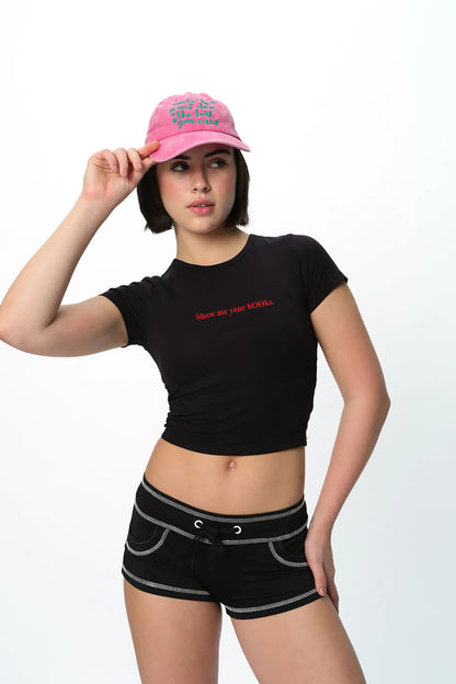 spankers Black crop top with red text show me your books on a white background