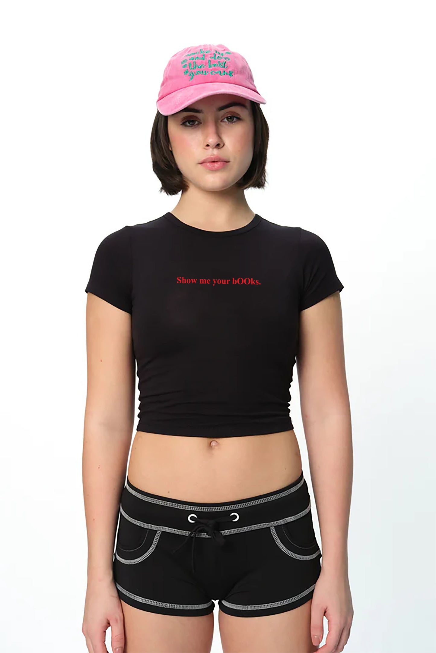 spankers Black crop top with red text show me your books on a white background