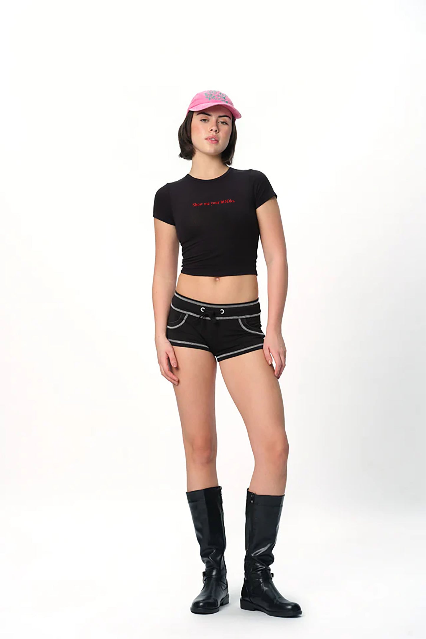spankers Black crop top with red text show me your books on a white background