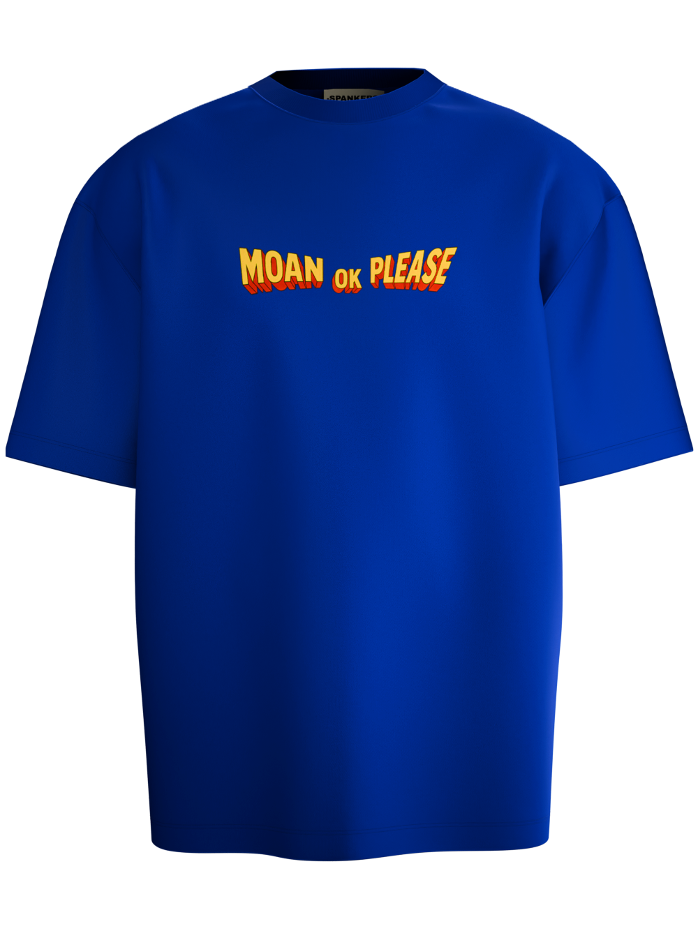 Blue t-shirt with yellow and red text on a black background ( blue tshirt , royal blue  tshirt , oversized , potter , moan ok please  tshirt , moan is music and horn is noise  , spankers , spankers india , tshirt )