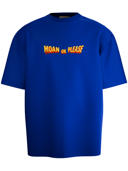 Blue t-shirt with yellow and red text on a black background ( blue tshirt , royal blue  tshirt , oversized , potter , moan ok please  tshirt , moan is music and horn is noise  , spankers , spankers india , tshirt )