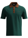 spankers embroiedery Green polo shirt with brown collar and embroidered logo on a white background