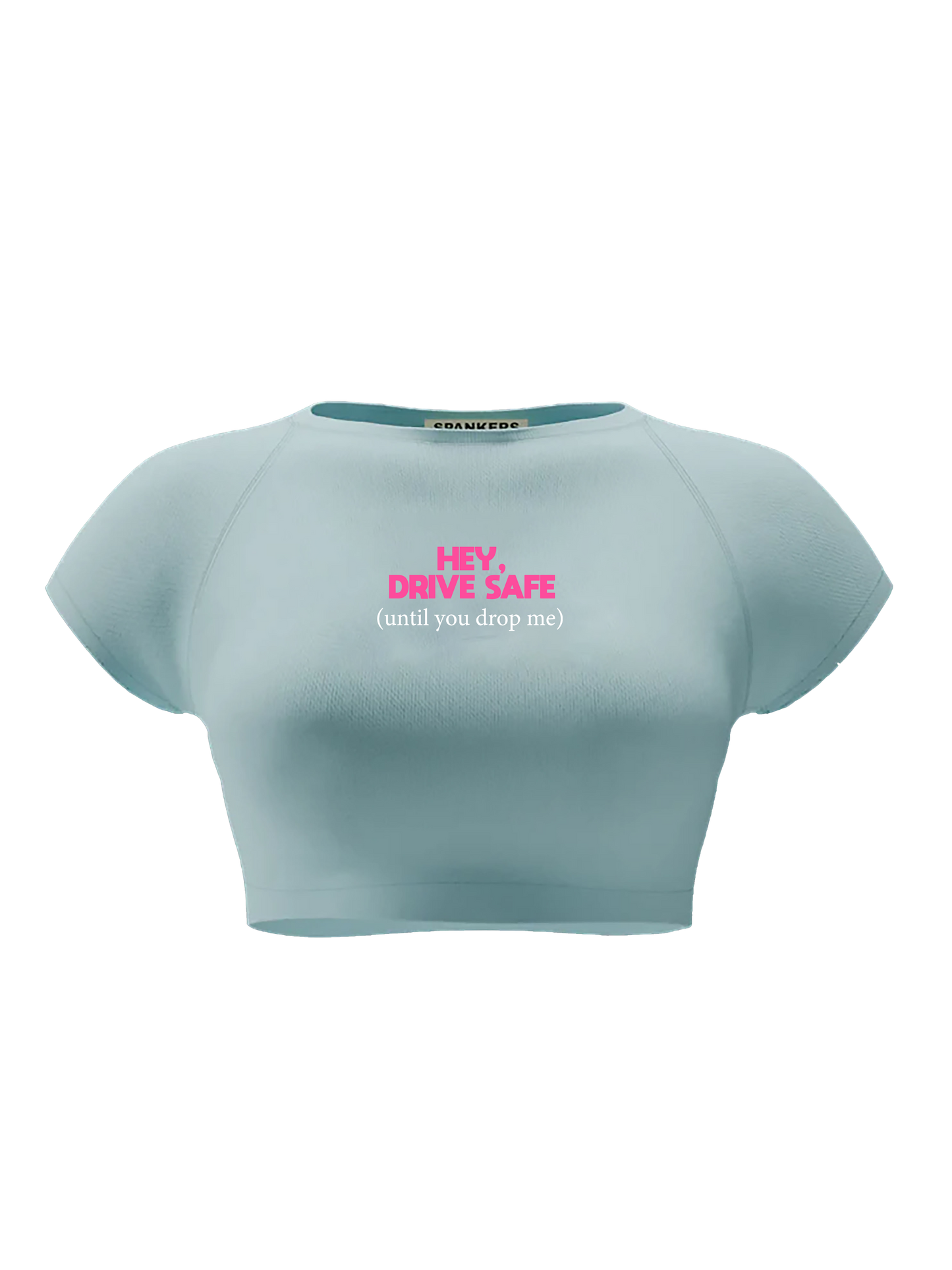 spankers Light blue crop top with pink text on a white background