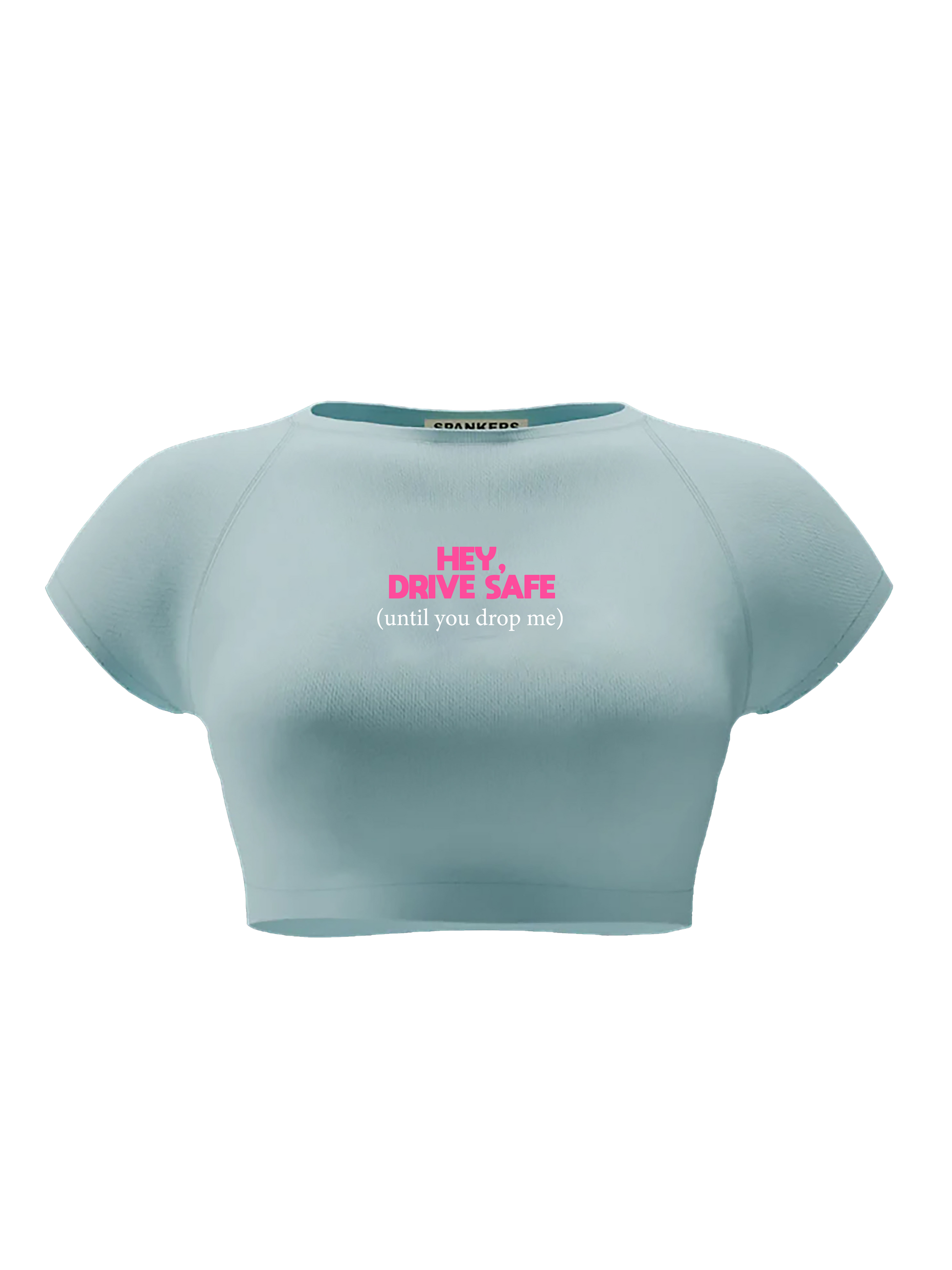 spankers Light blue crop top with pink text on a white background