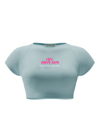 spankers Light blue crop top with pink text on a white background