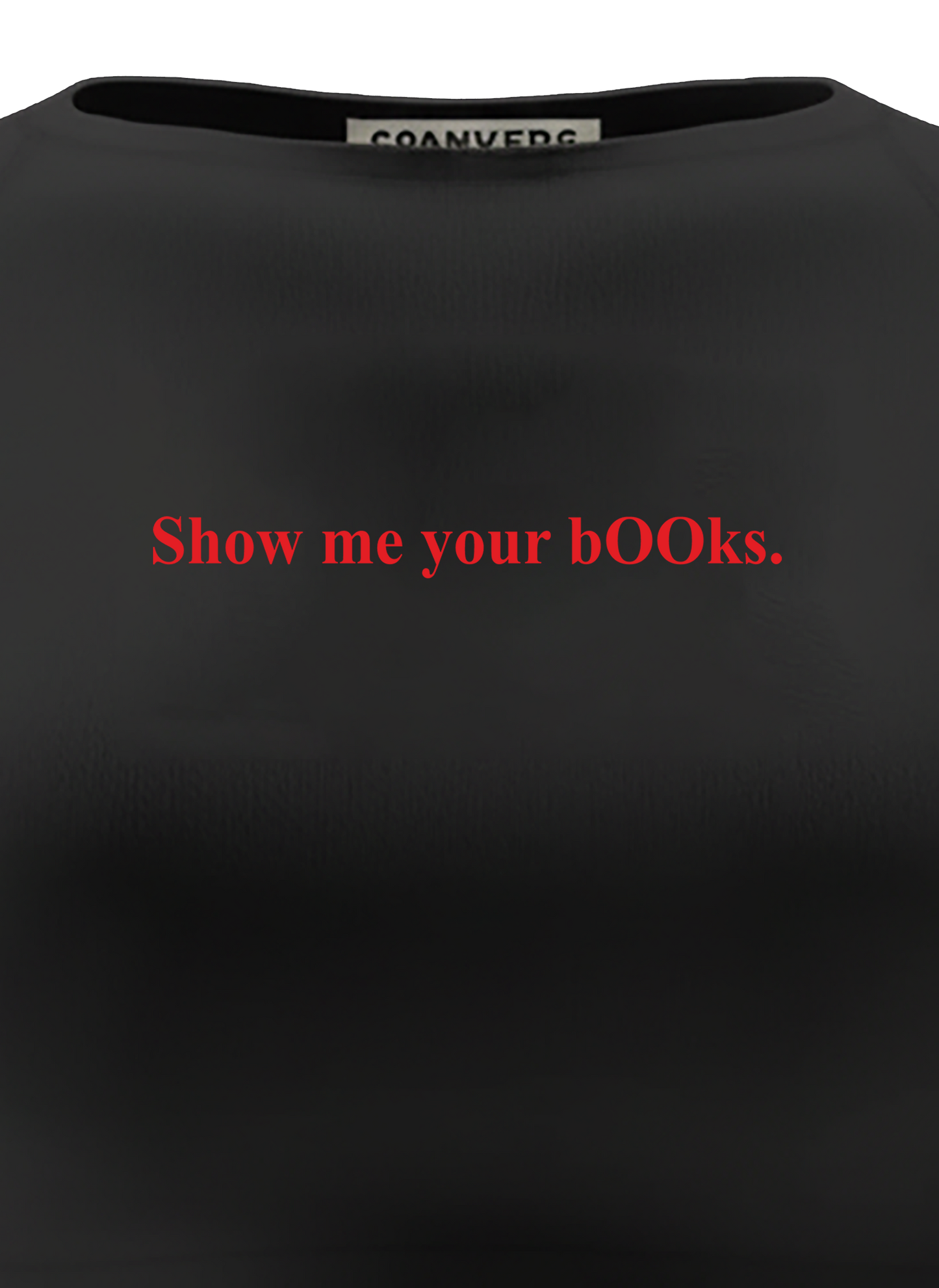 spankers Black crop top with red text show me your books on a white background