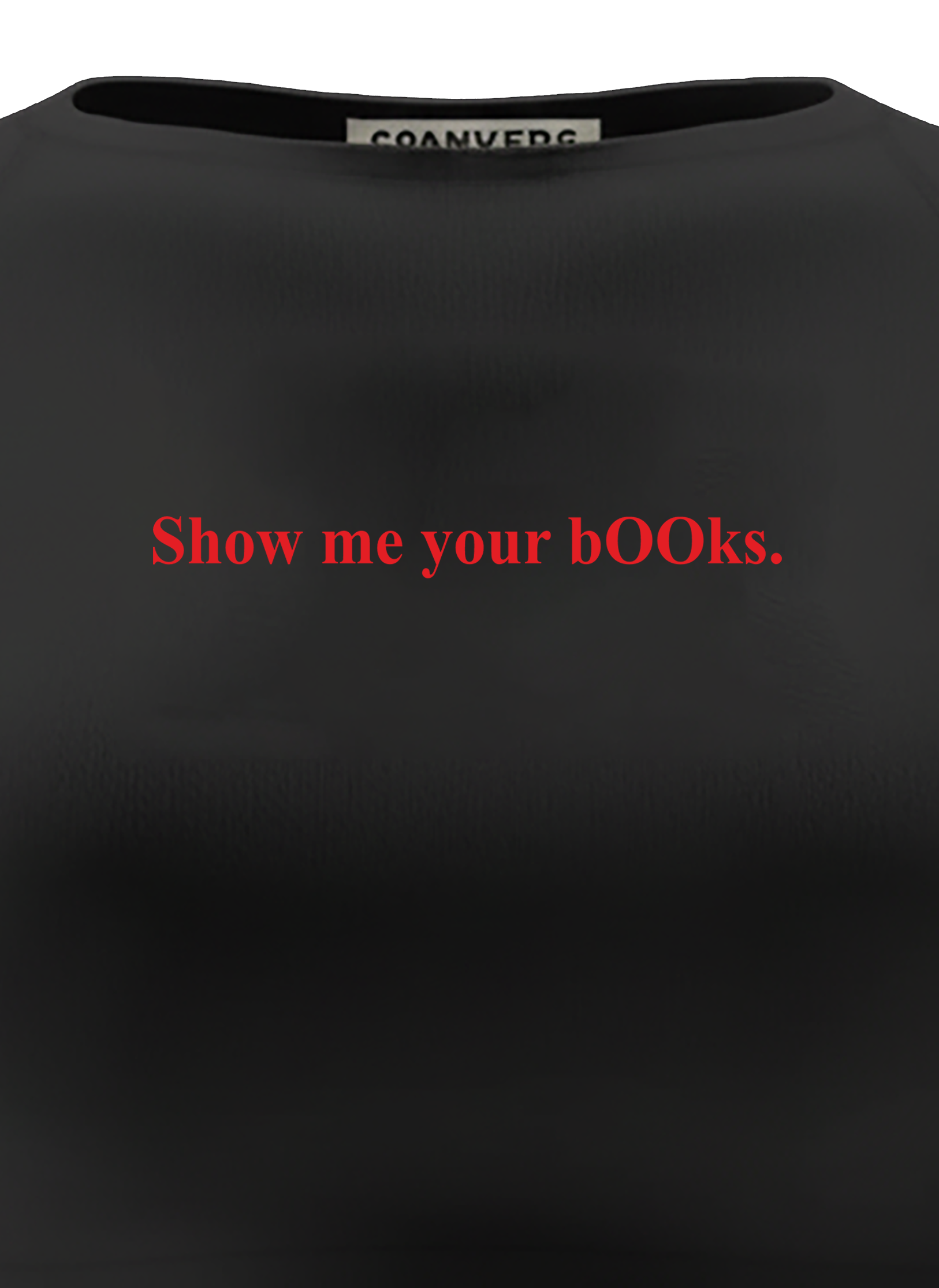 spankers Black crop top with red text show me your books on a white background