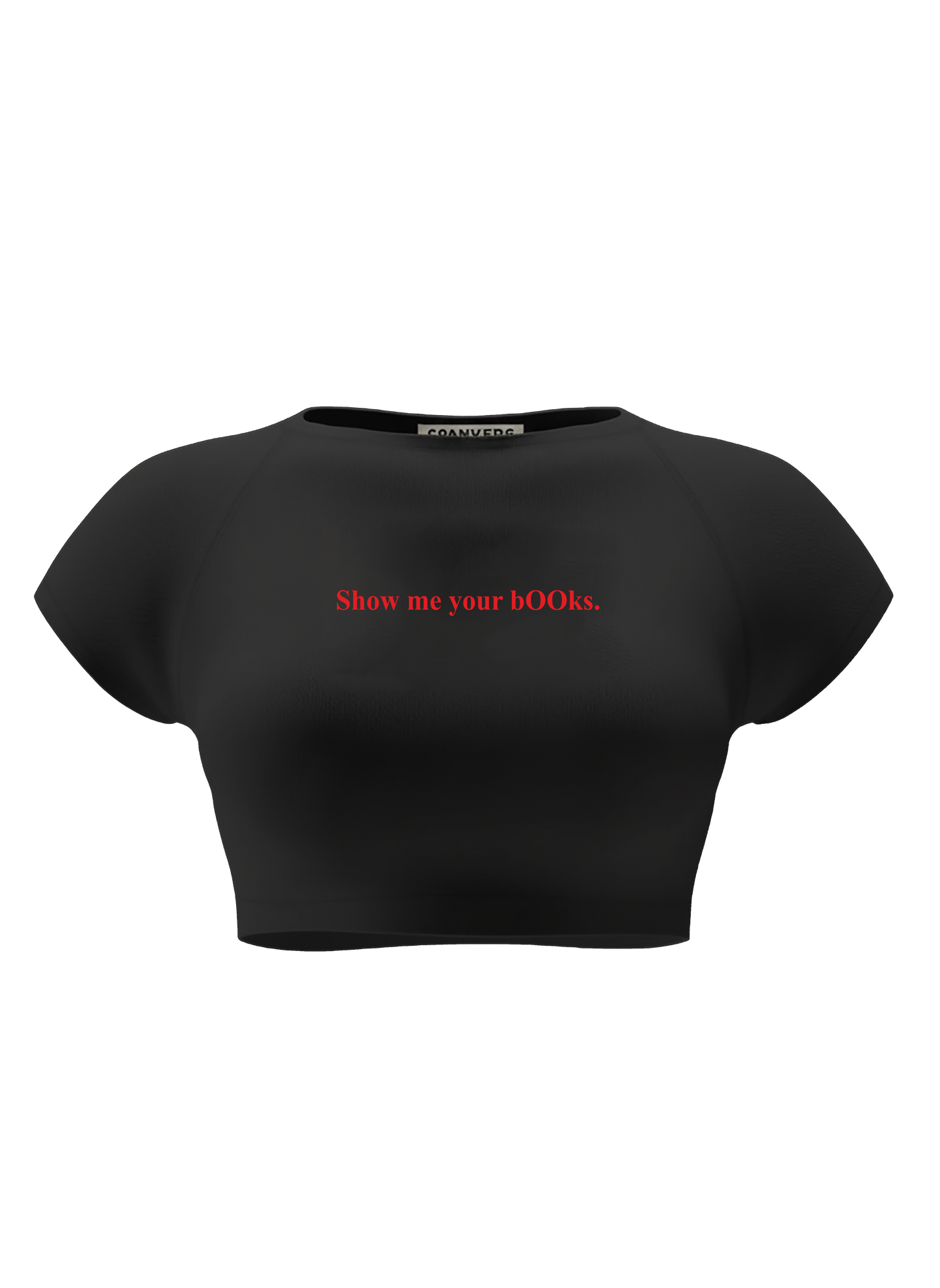 spankers Black crop top with red text show me your books on a white background