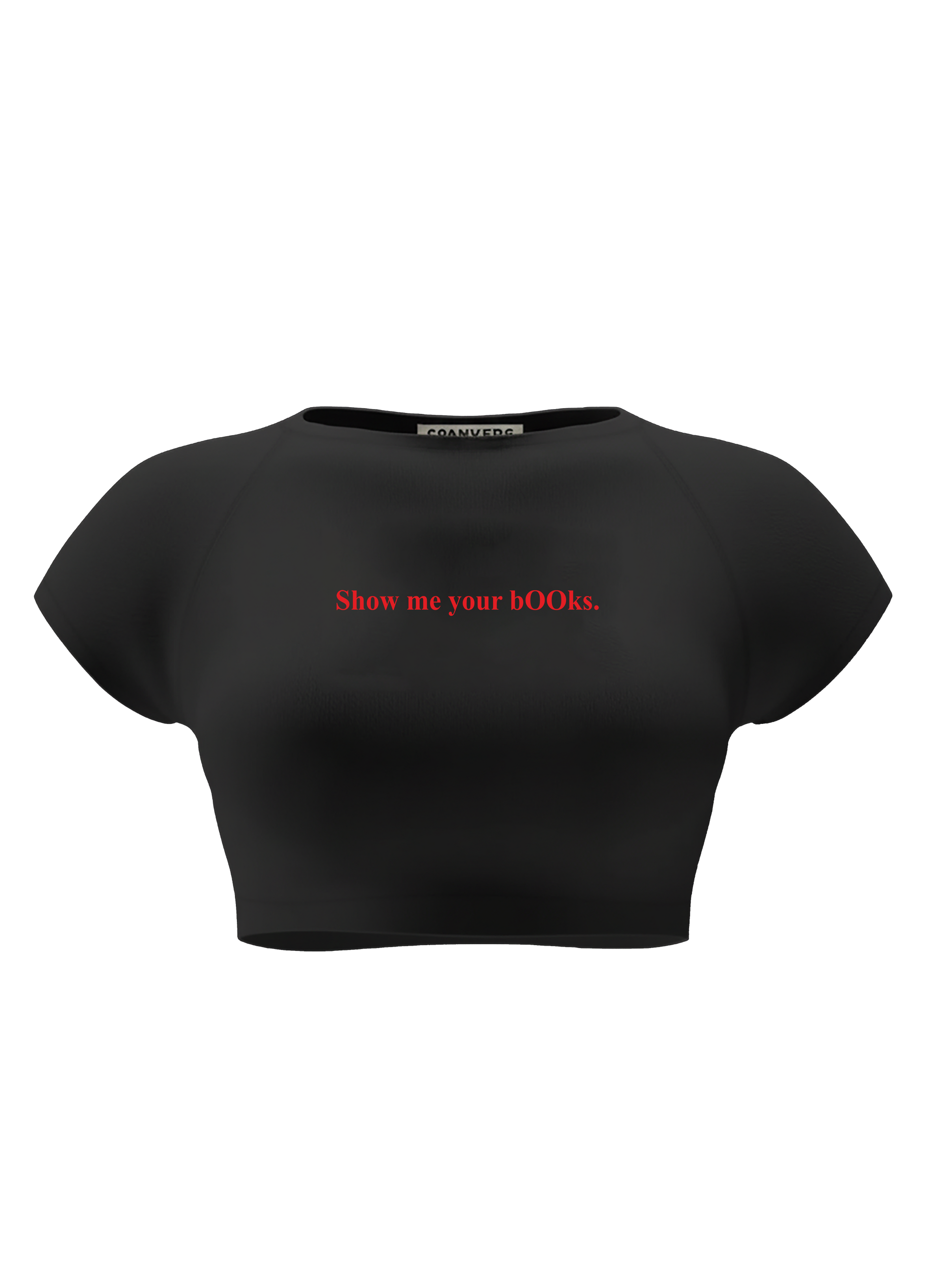 spankers Black crop top with red text show me your books on a white background