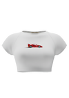 spankers  White crop top with a red car design on a white background