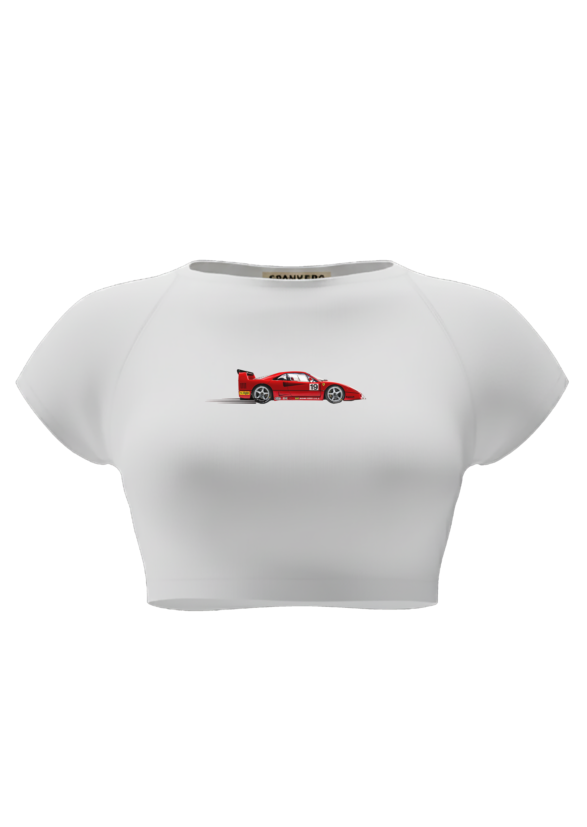 spankers  White crop top with a red car design on a white background