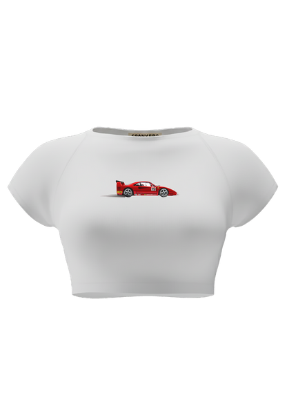 spankers  White crop top with a red car design on a white background