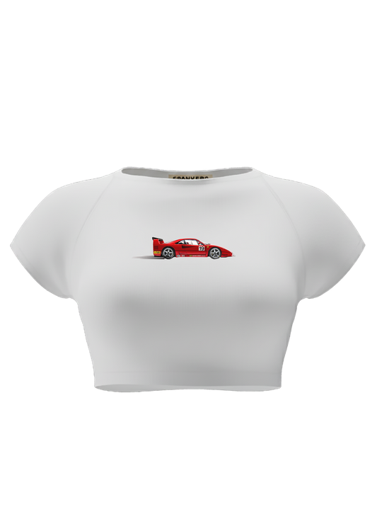 spankers  White crop top with a red car design on a white background