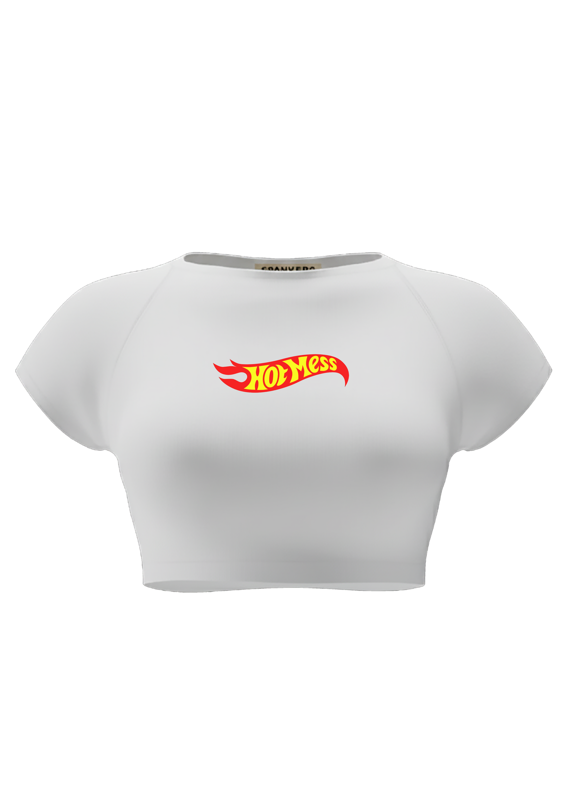 spankers White crop top with 'Hot Mess' logo on a white background