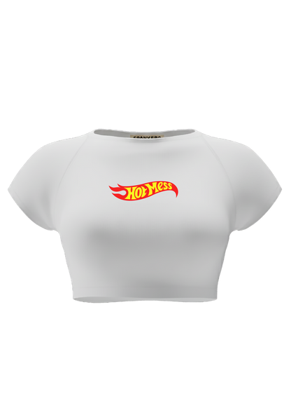 spankers White crop top with 'Hot Mess' logo on a white background