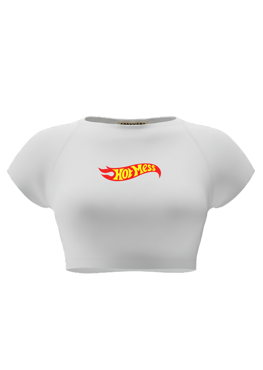 spankers White crop top with 'Hot Mess' logo on a white background